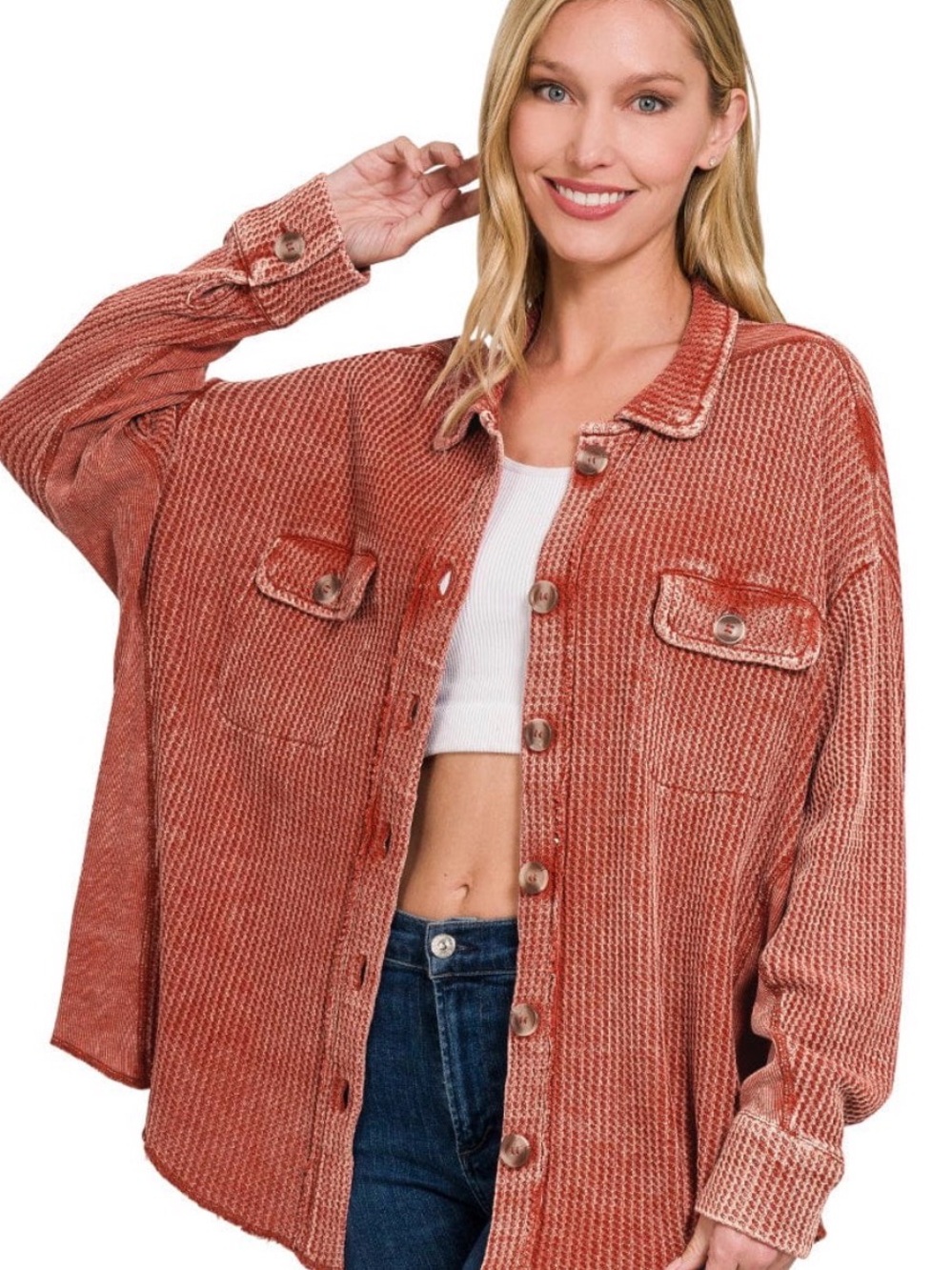 Washed deep burgundy-acid wash Shacket - Women's - Picture 1 of 4